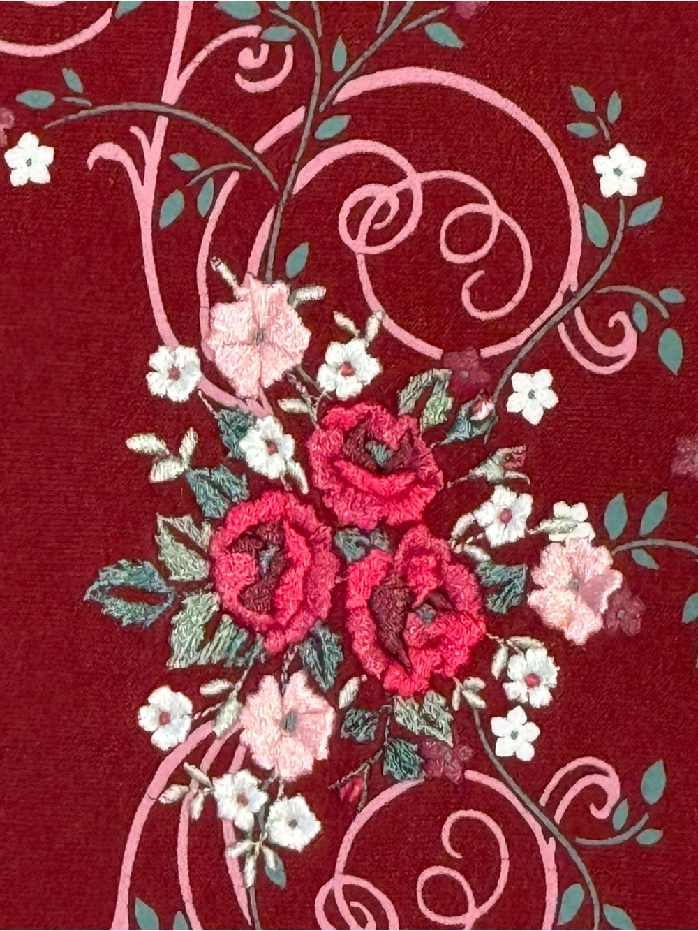 Vintage Burgundy Red Floral Embroidered Sweatshirt with White Collar Womens XL - Picture 7 of 7
